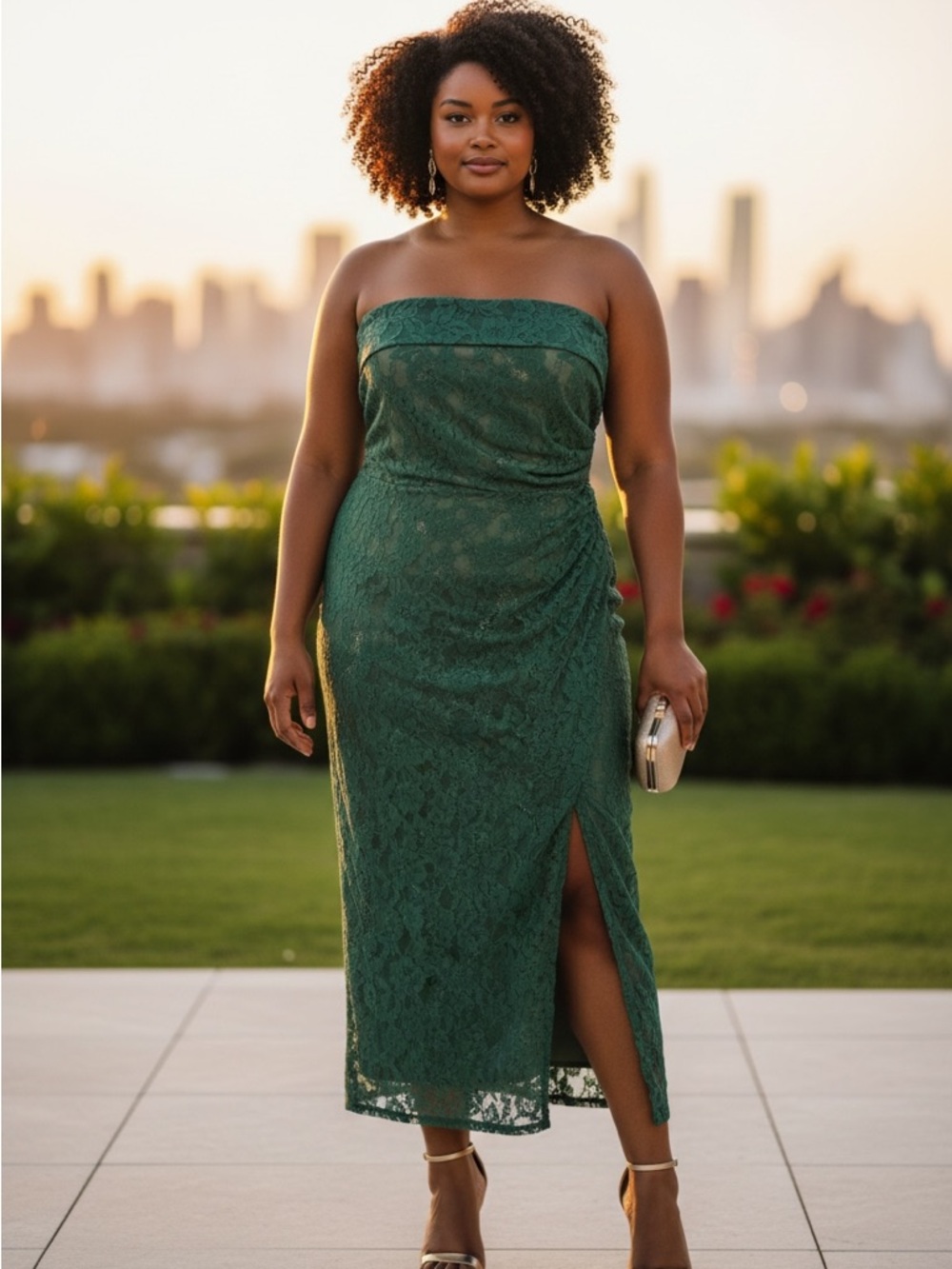 Fashion Nova Strapless Emerald Green Lace Midi Dress